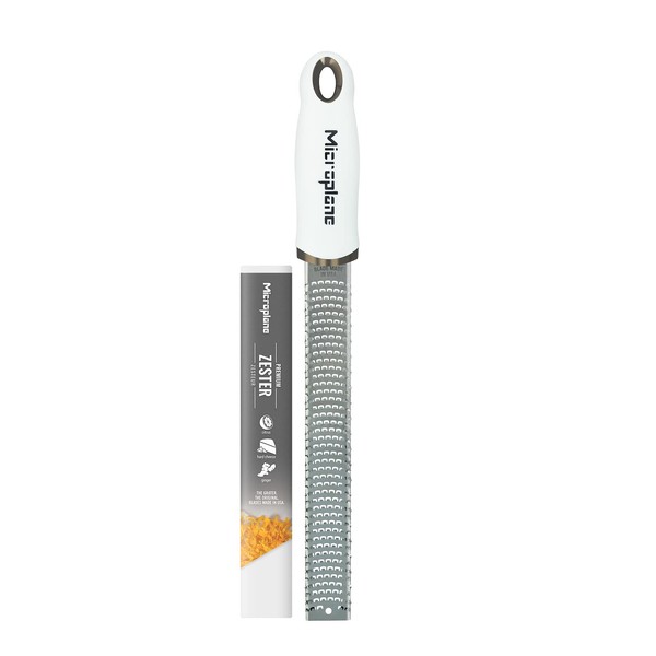 Microplane Zester Grater in White for Citrus Fruits, Hard Cheese, Ginger, Chocolate and Nutmeg with Fine Stainless Steel Blade - Made in USA