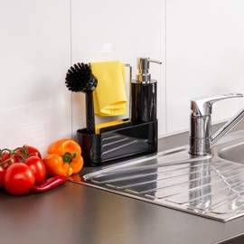 bremermann Sink Organiser for Kitchen and Bathroom, Sink Utensil Holder Including Soap Dispenser, Washing Up Brush with Brush Head and Dish Cloth Holder, with Replacement Brush Head and Pump, Black