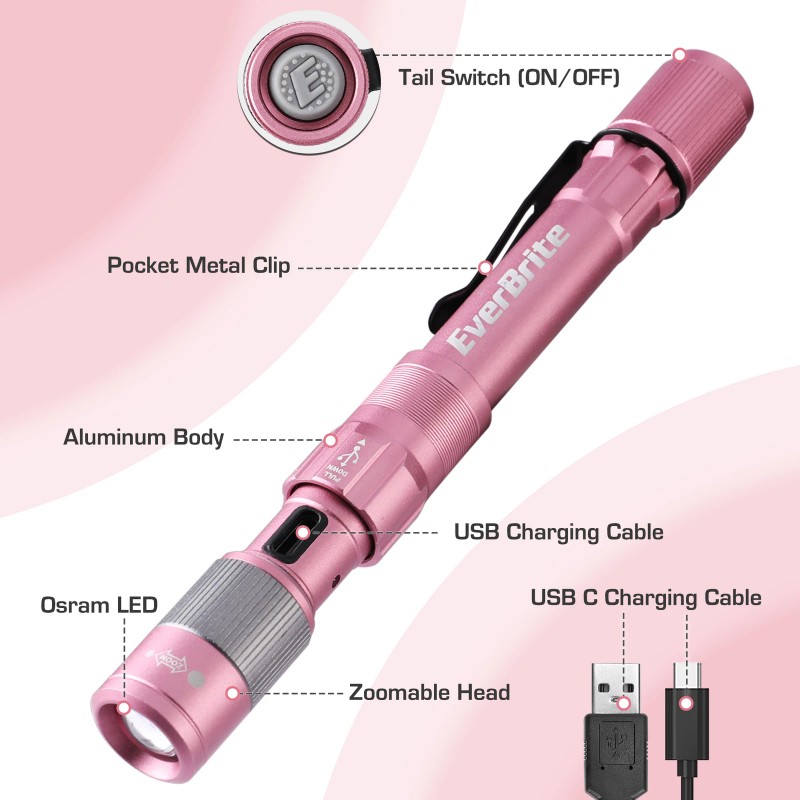 EverBrite Pen Light Pink 300 Lumens Zoomable LED with Clip,
