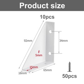 QINGYIWL Pack of 10 Angle Corner Brackets, 90 Degree Corner Connectors, Metal with 50 Screws, Angle Connector, Stainless Steel, Furniture Bracket, Connection Support for Desk Bed Edge (White)