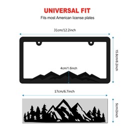 ZXFOOG Mountain License Plate Frames- Plastic Black Car Tag Holder Bracket with Screws Caps, Blackout 2 Packs 2 Hole, Mountain Vinyl Sticker Included