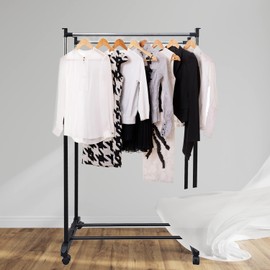 SUZANNE Mobile Clothes Rack with Double Rods, Versatile Garment Rack for Hanging Clothes in Bedrooms, Wheels for Easy Maneuverability - Black