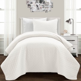 Lush Decor Ava Quilt Diamond Pattern Solid 2 Piece Oversized Bedding Blanket Bedspread Set - Twin-XL - White