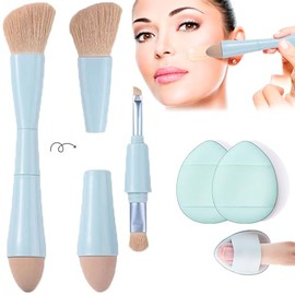 Viaje rochas para maquillaje, Brochas de Viaje, 4 en 1 Juego de brochas de maquillaje, brocha para base de doble punta para base, corrector, cejas, sombra de ojo, con 2 esponjas cosméticas (Azul)