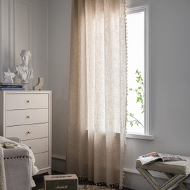 Setabeck Boho Curtain Natural Linen Textured, Rod Pocket Window Treatment Vintage Retro Bohemian Farmhouse Tassels Drape for Bedroom Living Room, 1 Panel 59" W x 96" L
