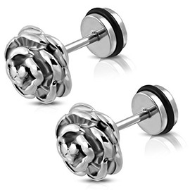 Comfort Zone Studios 6 MM (2g) Stainless Steel Classic Rose Flower Faux Fake Cheater Ear Plugs Gauge, Pair