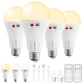 Vitnucrol 4 Pack Rechargeable Light Bulbs with Remote, E26 Wireless Battery Operated Light Bulb for Lamps, 2600mAh Dimmable Timer A21 Standard Emergency LED Light Bulbs for Power Outages,7W, 300LM