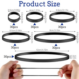 Pack of 180 Rubber Bands, Black, 6 Sizes, Wide Thick Rubber Rings, Elastic Robust Rubber Bands, Household Rubber Bands for Home, School, Office (2.5/4/5.5/6.5/8/12 cm)
