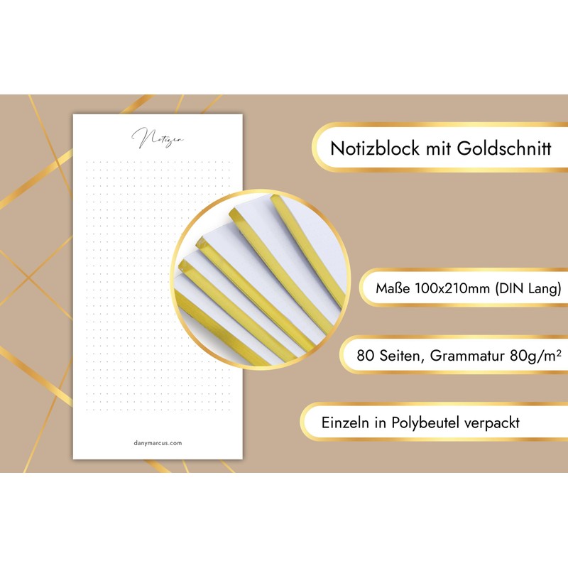 Dany Marcus Notizblock mit Goldschnitt, To-Do-Liste, Einkaufsliste, Notizzettel mit Gold,