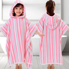 VOOVA & MOVAS Kids Poncho Towels - Soft 100% Cotton (4-8Years), Quick Dry Absorbent Light Weight Hooded Towel for Pool | Swim | Beach | Bath, Pink Gray Stripe