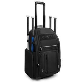 Rolling Baseball Bag with Wheels, Large All-Terrain Wheeled Softball Bag Holds 4 Bats, Water-Resistant Baseball Roller Backpack with Shoe Compartment and Fence Hooks for Players and Coaches, Black