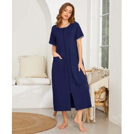Ekouaer Women Robes Zipper Front Short Sleeve Housecoat Full Length Loungewear with Pockets Navy Blue,S