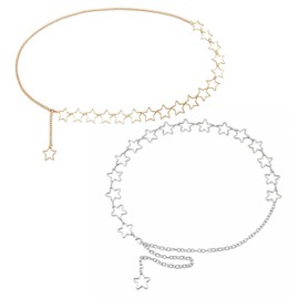 YSJCHEBS Pack of 2 Small Star Waist Chain, Chain Belt, Metal Chain Belt for Women, Large Chain Belt, Clothes Chain Belt, Star Waist Chain Belt, silver