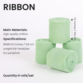 AOOWU 4PC Schleifenband Eukalyptusgrün, 3.8 cm x 5M Geschenkband Chiffon Seidenband Hochzeit Dekoband Taufe Festival Bänder Chiffonband Fransen