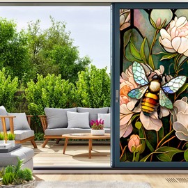 Stained Glass Window Film Privacy Frosted Window Film Self Adhesive Floral Bee Window Privacy Film Decorative Window Stickers Static Cling UV Blocking for Home Office Bathroom
