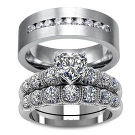 LOVERSRING Couple Ring Bridal Set His Hers White Gold Plated White CZ Stainless Steel Wedding Ring Band Set