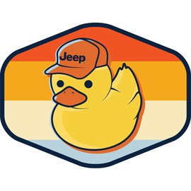 Jeep Duck Wearing Hat Sticker – Retro Stripe Background Vinyl Decal – 4" x 3" Screen-Printed Waterproof – Made in USA – Vehicle, Cooler, or Gear Accessory
