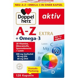 Doppelherz A-Z + Omega-3 Extra - 20 Vitamins, Minerals & Trace Elements + Omega-3 + Lutein - Only 1 Capsule Daily - 120 Capsules
