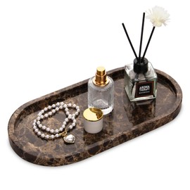 HESHIBI Oval Marble Bathroom Vanity Tray, Natural Luxury Dark Brown Marble Home Kitchen Bathroom Table Tray, Stone Decorative Countertop Serving Trays for Coffee Perfume Jewelry Makeup
