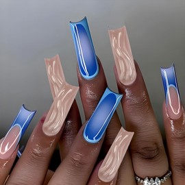 Blue French Tip Press on Nails Long Square Fake Nails with Designs 24 Pcs Natural Reusable 3D Acrylic Nail Full Cover Gradient Stick on Nail for Women Fashion Party WYFHDT