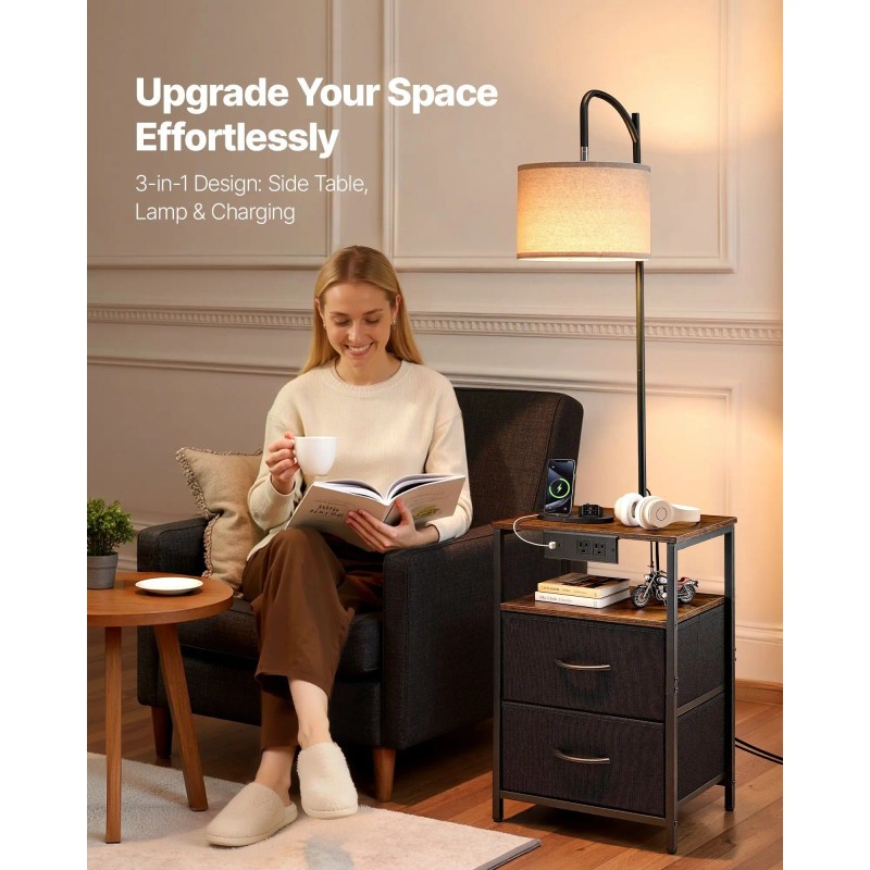 Modern 2-Tier 2-Drawer End Table 3-Color Temperature Lighting Nightstand Bedside