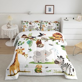 meiyoeat Cute Cartoon Animals Comforter Set Twin Size Kids Giraffe Elephant Zebra Bedding Set Boys Girls Teens Zoo Animals Duvet Insert Breathable Wildlife Quilt Bedroom Decor