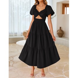ZESICA Women's 2025 Boho Smocked Vacation Dress Short Puff Sleeve Twist Knot Cutout Flowy A Line Beach Party Dresses,Black,Large