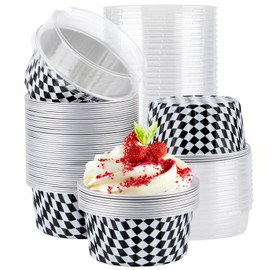 EUSOAR Aluminum Foil Baking Cups with Lids, 50pcs 5oz Creme Brulee Ramekins Disposable Loaf Bread Containers, Cupcake Liners Foil Mini Aluminum Pans Individual Serving for Oven Baking-Black/White