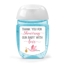 Hand Sanitizer Labels Thank You for Showering Our Little One with Love Stickers, Baby Shower Favor Stickers, Baby Shower Party Favors for Girl.