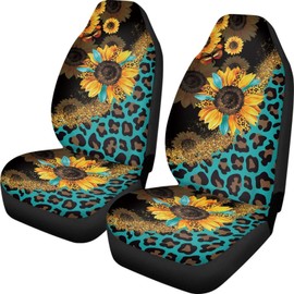 Wanyint Sunflower Leopard Print Blue Car Seat Cover Set of 2 Front Seats Only, Universal Soft Car Seat Protection for Men Women Auto Interior Accessories Decor