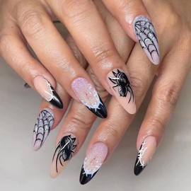 MISUD Press on Nails - Medium Almond Glue on Nails with Black French Tip, Acrylic Goth Spider Design 24 pcs