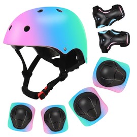 Color Gradient Adjustable Kids' Helmet with Knee & Elbow Pads Set | Multi-Sport Safety Gear for Boys & Girls Ages 5-14 | Skateboarding, Scooters, Roller & Inline Skating, Longboarding