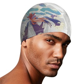 Mens Swim Cap Extra Large Swimming Cap Waterproof Elastic Non-Slip Ear Protection Swim Bathing Hat for Long Curly Hair