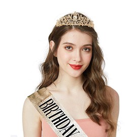 DRESHOW Birthday Crown and Sash for Women Birthday Queen Sash & Rhinestone Tiara Set Birthday Tiaras and Sashes for Girls Birthday Decorations Hair Accessories Glitter Sash for Party