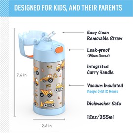 THERMOS FUNTAINER Water Bottle with Straw - 12 Ounce - Kids Stainless Steel Vacuum Insulated Water Bottle with Lid, Construction