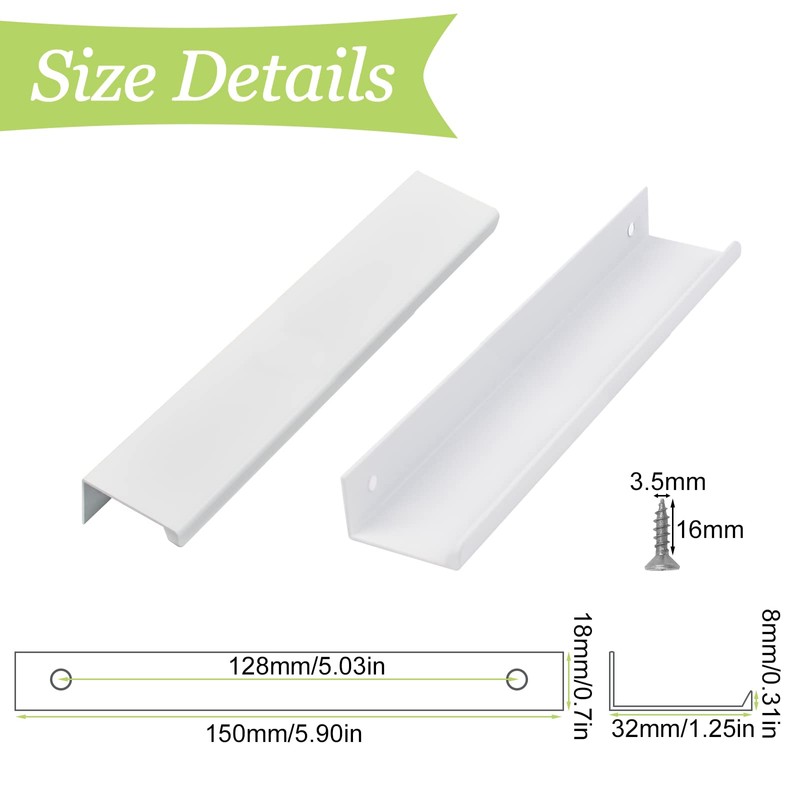 UFURMATE Back Mount Finger Edge Pull, 8Pcs White Aluminum Hidden