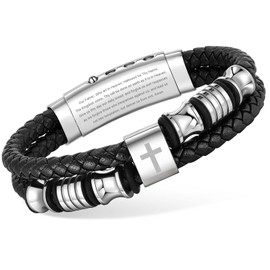 Christian Cross Leather Bracelet for Men - Double-Row Braided Leather Faith Cross Bracelets Bangle Religious Baptism Inspirational Bible Verse Easter Jewelry Gift for Men Teenage, Adjustable Wristband