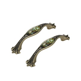 Wealrit 2 Pcs European Antique Drawer Pulls Bronze Arch Cabinet Pulls with Stained Glass Pattern Vintage Metal Dresser Handles Decorative Furniture Pulls 96mm Hole Center