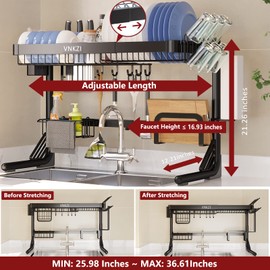 VNKZI Over Sink Dish Drying Rack, 2 Tier Stainless Steel Storage Adjustable Length (25.98'' to 36.61'') Kitchen Rack, Multifunctional Expandable Counter Organizer, Space Saver Dish Rack