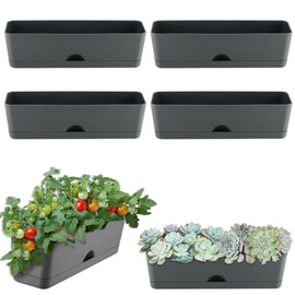 6 Pack Rectangle Planter 16x4.4 Inch Window Boxes Planters Rectangular Large Window Sill Planters Indoor Self Watering Plant Pots with Drainage Holes and Saucers Succulent Herb Flower Pots, Dark Grey