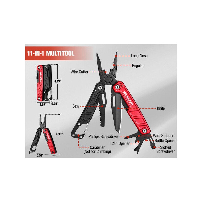 WORKPRO Multitool-11 in 1 with Pocket Clip and Sheath-EDC with