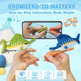 Myigo Crochet Kit for Beginners: Sailfish Complete Crochet Kit with Step-by-Step Video Tutorials for Starter Kids Adult - DIY Birthday Gift for Girls Age 8-14 & Mom, Easy Soft Yarn & Hook (2PCS)