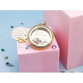 I Love My Niece to the Moon & Back 18k Gold Living Memory Floating Charms Birthstones Locket Pendant Necklace, Best Gift for Women