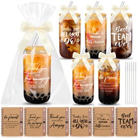 Skylety 18 Pcs Employee Appreciation Gift for Women Thank You Gifts for Teacher Students Team Coworker Staff Christmas 16 oz Glass Cup A6 Inspirational Notebook with Ballpoint Pen Bowknot(Be Proud)