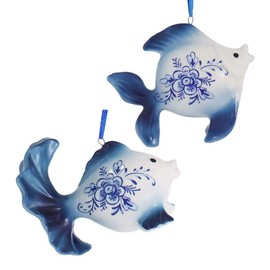 Kurt Adler Set of 2 Delft Blue Style Fancy Goldfish Ornaments, 3 3/4-3 7/8 inches