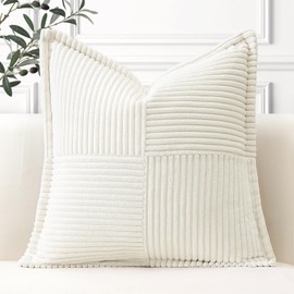 Artscope Striped Corduroy Cushion Covers with Splicing Super Soft Boho Pillow Covers Broadside Decorative Textured Throw Pillows for Couch Sofa Bed Living Room 40x40cm, Cream Beige
