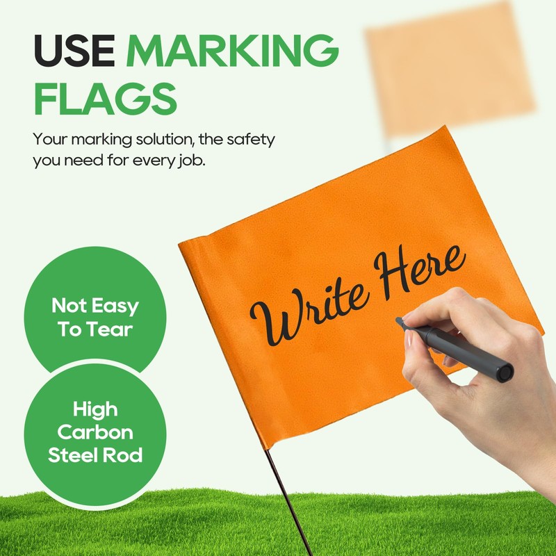 Zozen 50Pack Fluorescent Orange Marking Flags, Writable/15x4x5 Inch, Yard Flags