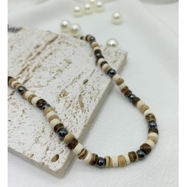 Simpleasure Men Women Puka Necklace with Coconut Wood Beads Hematite Surfer Tropical Beach Chips Puka Shell Necklace Holiday Vacation Round Hawaiian Surfer Jewelry VSCO Stuff Adjustable (16inch)