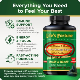 Life's Fortune Whole Food Multivitamin & Mineral, Advanced Energy Support Supplement, Daily Wellness for Men & Women, Amino Acids, 180 Vegetarian Tablets
