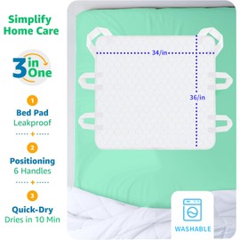 YOOJEE 6-Handle Incontinence Positioning Bed Pad, Washable & Waterproof, Quick-Dry, Reusable - 34x36 in, for Elderly, Bedridden & Transfer
